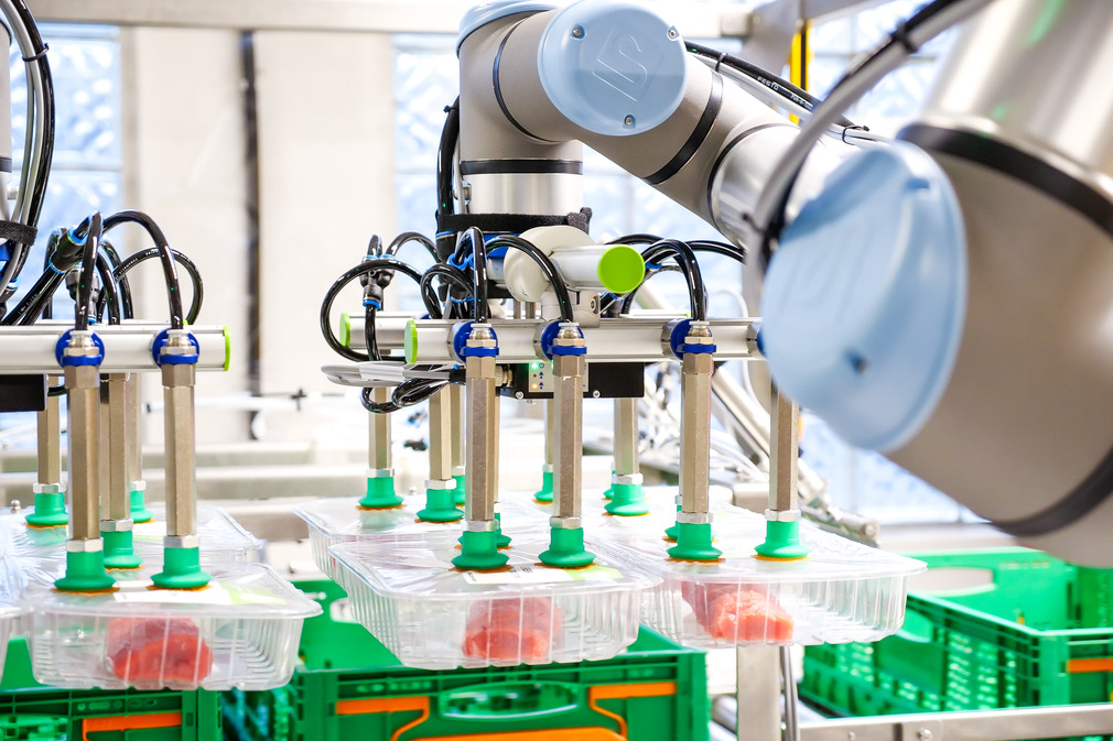 Each of the two PXT grippers picks up four of the pre-packaged and labeled trays and places them in large transport boxes.